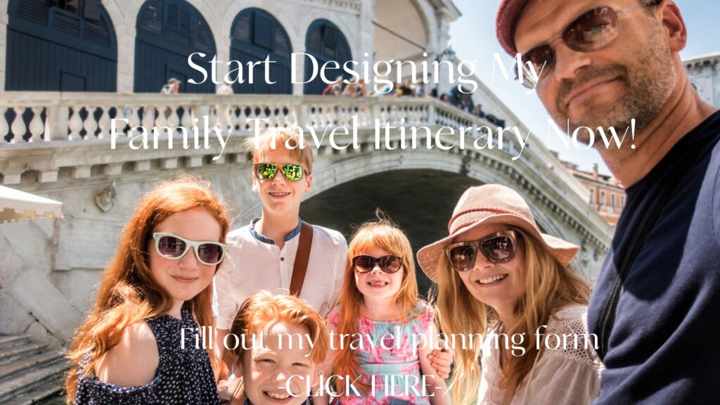 Family standing in front of bridge