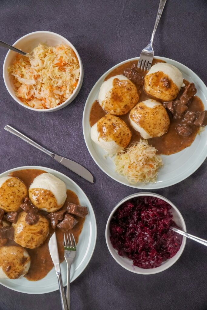 Dishes of Goulash and dumplings 