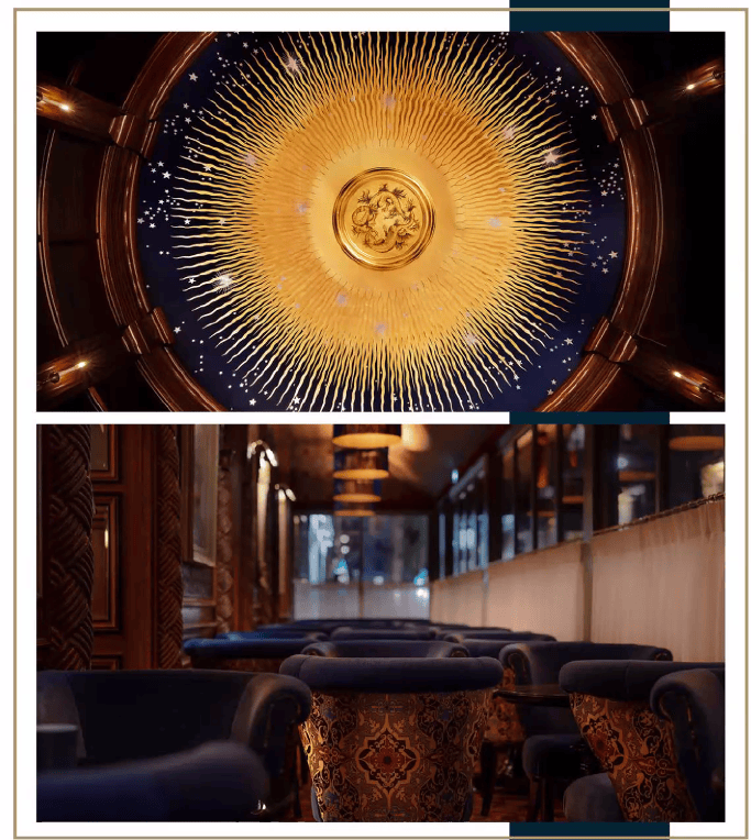 Opulent Paris lounge with decorative moldings, warm lighting, and a refined atmosphere.