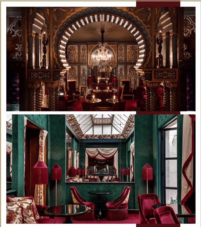 Historic boutique hotel salon with warm red and green décor, creating a luxurious and inviting atmosphere